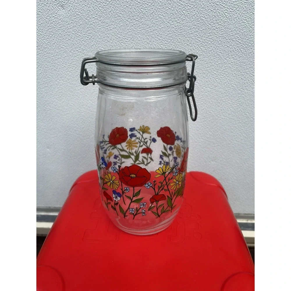 Vintage Arc France R. Carmen Wild Poppy Glass Hinged Jar Canister 9